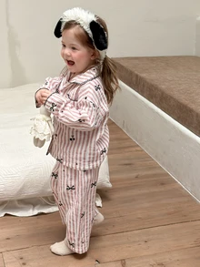 DAZY Infant/Toddler (Girl) Collared Striped All-Over Print Comfortable Long Sleeve Shirt & Long Pants 2 Pieces Set Loungewear - Baby Pink - View 9