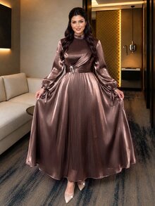 SHEIN Lady CURVE Plus Size Elegant Party Waist-Cinching Dress - Brown - View 9