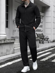 Manfinity CasualCool 男士純色長袖襯衫與長褲休閒日常穿搭 - 黑色 - 查看 1