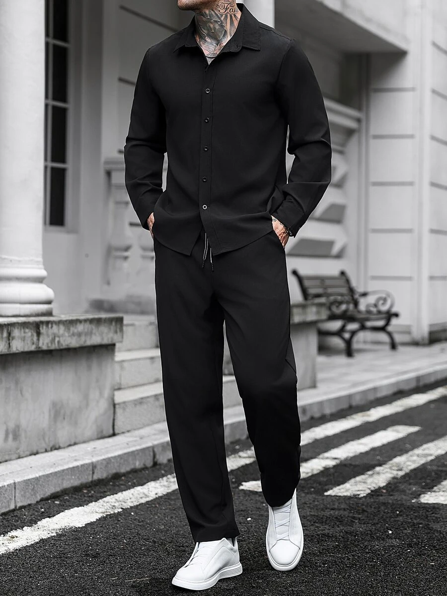 Manfinity CasualCool 男士純色長袖襯衫與長褲休閒日常穿搭 - 黑色 - 查看 1