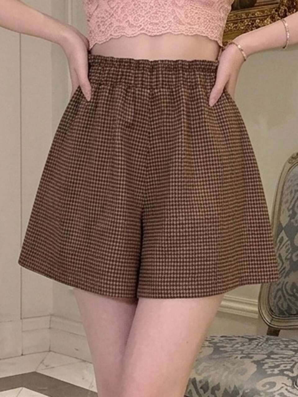 Women's Brown Fine Plaid High Waist Elastic Waist Frill Trim Loose Casual Versatile Wide Leg Shorts
