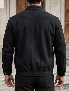 Manfinity CasualCool 男士黑色羊毛翻領鈕扣短夾克，標準版型，米色，秋季休閒商務風，適合辦公室，聖誕禮物 - 黑色 - 查看 2