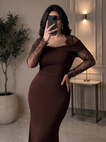 Feyla Plus Size Elegant Elegant Lace Patchwork Mermaid Dress - Coffee Brown - View 8
