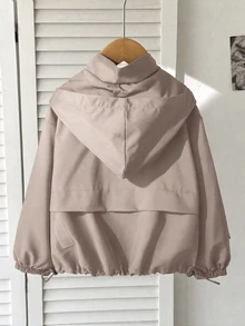 SHEIN 女童時尚休閒梭織前拉鍊背心，長袖秋冬上衣，返校季 - 卡其色 - 查看 2
