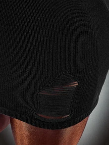 Amplova High Neck Fully Transparent Bodycon Mini Dress With Cutouts, Open Back, Waist-Cinching, Y2K Halloween Outfit For Women, Knitted - Black - View 6