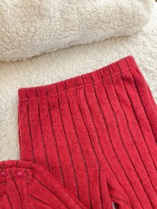 SHEIN 嬰兒新生兒可愛休閒針織字母圖案長袖上衣與鬆緊腰長褲套裝 - 紅色 - 查看 9