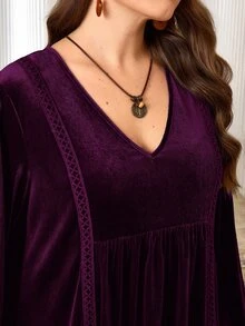 EMERY ROSE Plus Size Women's Autumn/Winter V-Neck Long Sleeve Velvet Lace Trim Patchwork Purple Dress Dinner Party Elegant Fall - Violet Purple - View 7