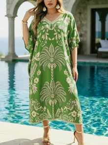Swim Lushoire Gaun Penutup Pantai Motif Bunga Tropis Ukuran Besar - MultiWarna - View 3