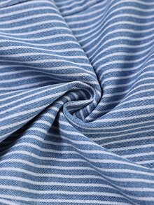 Sweetra French Style Elegant Polo Collar Striped V-Neck Short Sleeve Slim Fit Women's Washed Denim Shirt - Blue - View 6