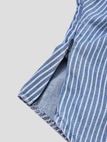 Sweetra French Style Elegant Polo Collar Striped V-Neck Short Sleeve Slim Fit Women's Washed Denim Shirt - Blue - View 3