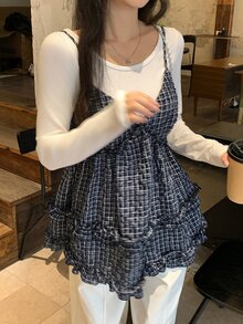 DAZY V-Neck Spaghetti Strap Sleeveless Deep Blue & White Plaid Fabric Cinched Waist Multi-Layer Ruffle Hem Women's Tank Top Fall - Blue - View 1