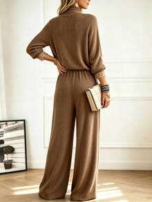 Holdful Holdful Women's Solid Color Long Sleeve Top And Pants Casual Daily 2 Pieces Set - Brown - View 8