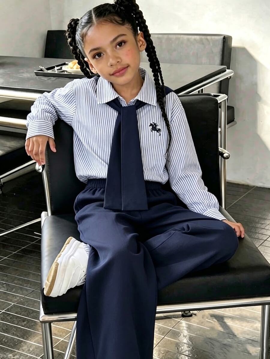 Tween Girl Knight Print Shirt And Solid Color Pants With Shawl Set,Fashion Academy, Suitable For Wearing In Various Occasions - Blue - View 1
