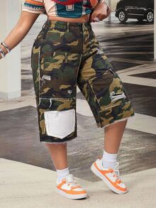 Slaydiva Plus Size Women Non-Stretch Denim Capri Pants Camouflage Print Design Distressed Straight Leg Cowboy Outfits For Women - Multicolor - View 4