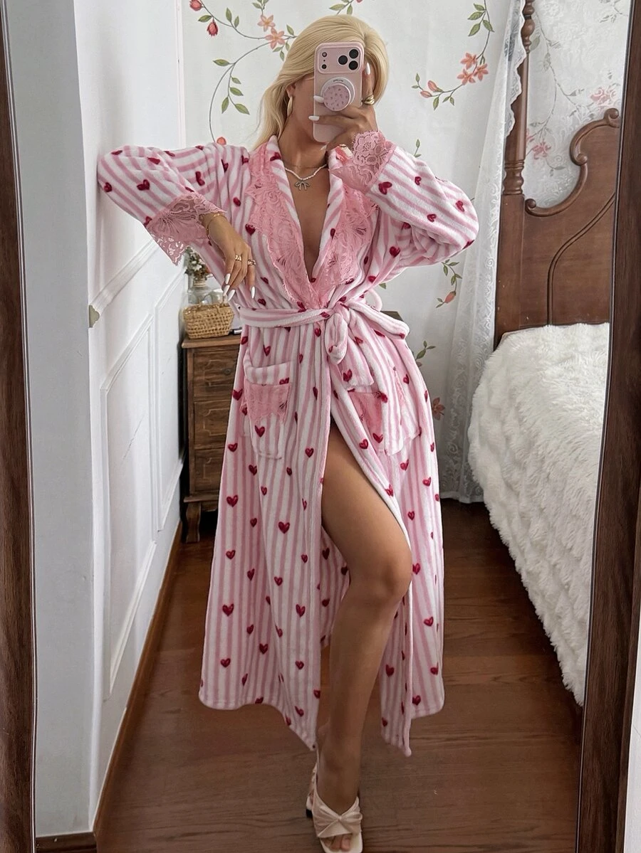 CottageSlumber European And American Style Pink Lace Women's Printed Tie-Front Robe Loungewear - Pink - View 1