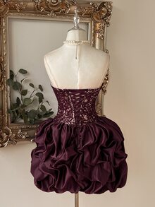 Lovelzi Elegant Romantic Lace Twisted Rope Patchwork Satin Bud-Shaped Design, With Fishbone Eyelash Lace Trim Short Skirt, Suitable For Pre-Wedding Party, Wedding And Graduation Prom. - Burgundy - View 2