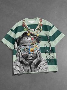 Manfinity EMRG Men's Dark & Light Green Striped Crew Neck Short Sleeve T-Shirt, Vintage Street Millennium Style Top, Portrait Coin & Calligraphy Letter & Large Dollar Sign Text Print On Front & Back, Suitable For Outings, Concerts, Music Festivals, Coachella, Parties, Summer Vacation - Multicolor - View 1