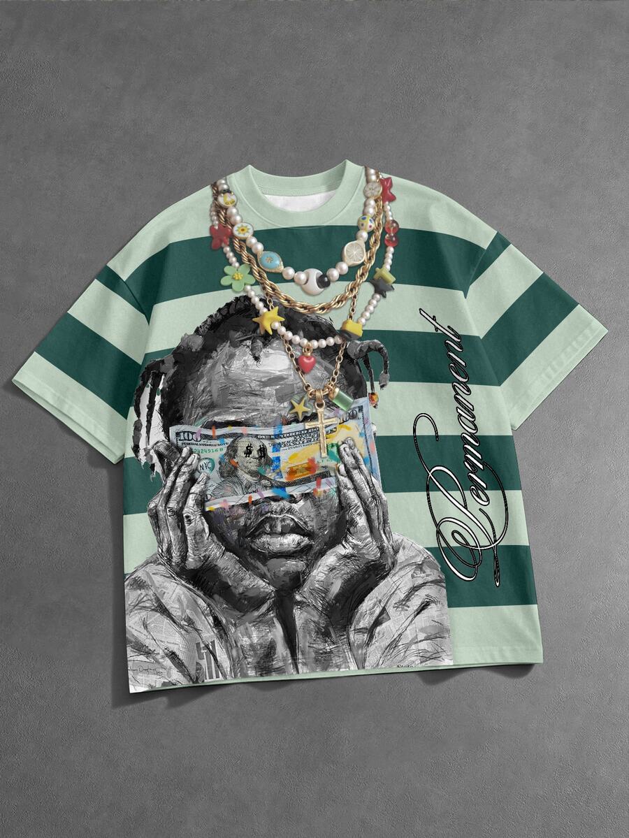 Manfinity EMRG Men's Dark & Light Green Striped Crew Neck Short Sleeve T-Shirt, Vintage Street Millennium Style Top, Portrait Coin & Calligraphy Letter & Large Dollar Sign Text Print On Front & Back, Suitable For Outings, Concerts, Music Festivals, Coachella, Parties, Summer Vacation - Multicolor - View 1