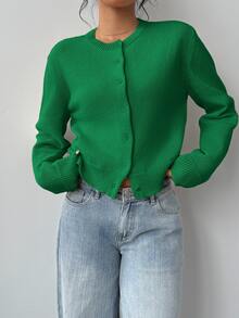 SHEIN Tall CURVE 大尺碼女款休閒純色圓領長袖寬鬆短版開襟針織外套 - 綠色 - 查看 3