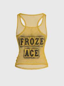 ROMWE Grunge Punk Vintage Sexy Street Slogan Yellow Sheer Mesh Tank Top For Women - Yellow - View 2