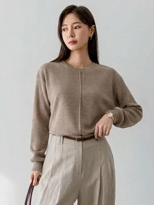 Dazy-Less 女款素色拼接短袖T恤 夏季辦公日常穿搭 卡其色 極簡優雅 - 卡其色 - 查看 7