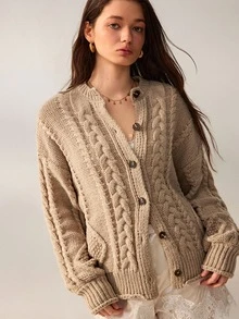 Willow Rêve Women's Khaki Chunky Knit Cardigan Loose Casual Sweater - Khaki - View 6
