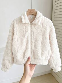 Elladie kids 1件女童秋冬新款休閒極簡針織珊瑚絨心形壓紋長袖翻領寬鬆拉鍊毛茸茸外套，適合日常穿著與外出 - 米色 - 查看 6