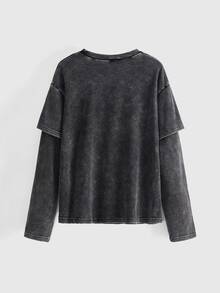 ROMWE Grunge Punk Y3K Hot Girl 2 In 1 Girls Portrait Slogan Print Washed Loose T-Shirt - Black - View 2