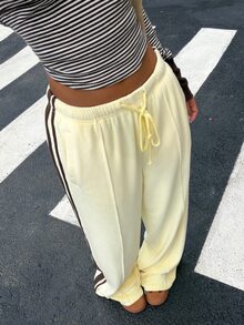 Muchica Women's Striped Colorblock Embroidered Drawstring Waist Sweatpants Comfortable Yellow Striped Casual Pants With Added Velvet, Autumn And Winter - Light Yellow - View 5