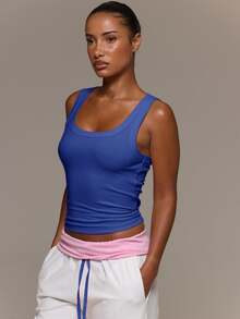 MUSERA ESSENTIALS Soft Rib Scoop Neck Fitted Longline Tank Vest Top Spring Summer - Royal Blue - View 3