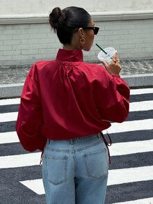 Muchica 女款時尚街頭風拉鍊綁帶口袋夾克外套 - 酒紅色 - 查看 2