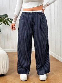 SHEIN EZwear Plus Size Women's Striped Wide Leg Loose Casual Suit Pants - Blue and White - View 4