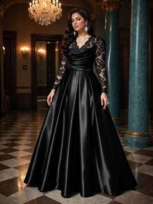 Auveirra Plus Size Women's Lace Patchwork Pleated Elegant Waist-Cinching Party Dress Fall - Black - View 5