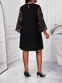 SHEIN Lady CURVE Plus Size Women's Patchwork Rhinestone Mesh 3/4 Sleeve Elegant Dress - Black - View 2