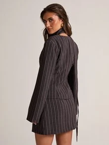 SHEIN BAE Women's Striped Single-Breasted Long Sleeve Jacket And Skirt Suit Set - Brown - View 2