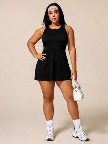 SHEIN Rhythm Era Rhythm Era Plus Size Women's Floral Print Criss-Cross Back Sports Dress With Shorts - Black - View 7