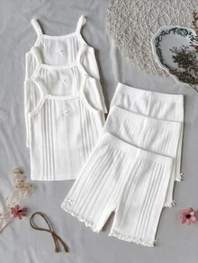 SHEIN طقم 3 قطع للبنات الصغيرات: توب كاجوال بدون أكمام بلون سادة مع فيونكة من قماش ناعم وملمس بارز + ليجنز، مريح وبسيط، مناسب للربيع والصيف وجميع الفصول - أبيض - مشاهدة 3