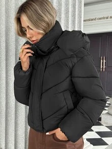 Pariaura 時尚極簡雲朵 3D 菱格可拆卸連帽多功能夾克，休閒寬鬆奢華通勤外套 - 黑色 - 查看 3