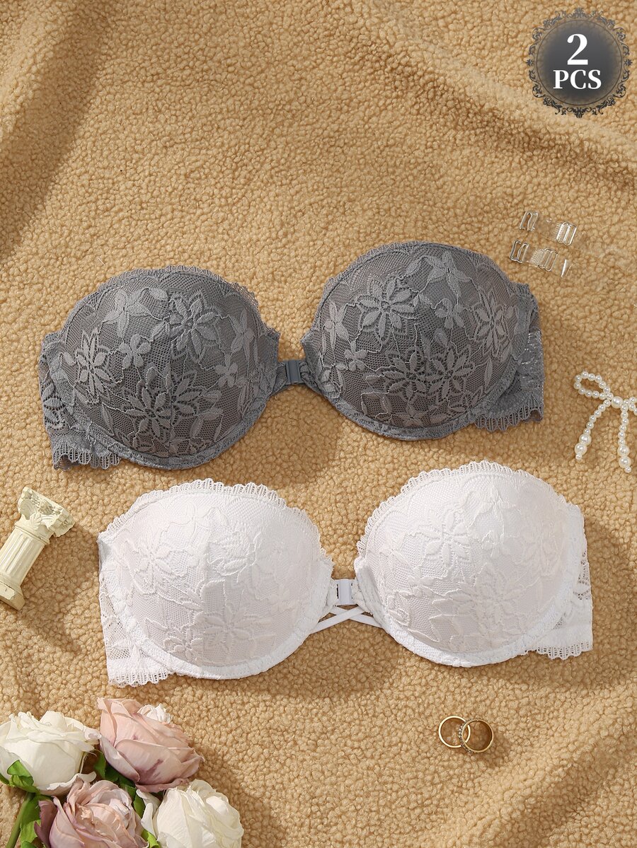 DesireSculpt 2pcs Wedding Strapless Anti-Slip Half Cup Front Closure Bra, Push-Up With Underwire For Small Bust, Multiple Wearing Styles, Free Invisible Shoulder Straps - Multicolor - View 1
