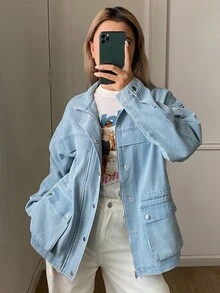 DAZY Light Blue Lapel Single-Breasted Snap Button Large Pocket Loose Long Sleeve Casual Daily Denim Jacket Fall - Blue - View 3