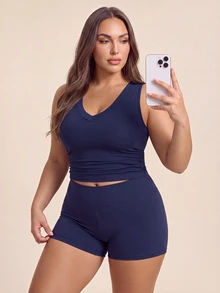 SHEIN Dewbera Women's Plus Size Solid Color V-Neck Back Cutout Design Sports Alternative Tank Top Gym Navy Blue Summer - Black and White - View 4