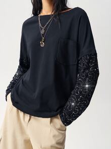 Bohemela Women's Fashion Sequin Patchwork Long Sleeve Pocket Streetwear Sweatshirt - Black - View 4