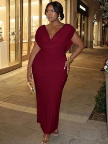 Firerie Plus Size Elegant Party Solid Color Cowl Neck Dress - Red - View 6