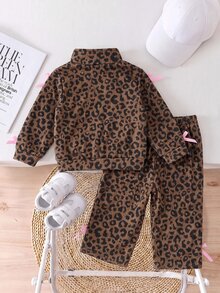 SHEIN Baby Girl Leopard Print Bow Decor Sweatshirt & Elastic Waist Long Pants Set - Brown - View 2