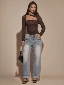 SHEIN BAE بودي نسائي بني سادة مزين بالترتر بكتف غير متماثل وأكمام طويلة من الدانتيل والشبك، بودي دانتيل بني للربيع والصيف - بني - مشاهدة 3