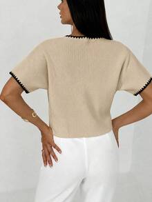 Aloruh Women's Metal Button Shell Embroidery Knit Thin Cardigan - Khaki - View 2