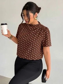 Firerie Áo sơ mi tay ngắn size lớn vải họa tiết chấm bi phong cách retro thường ngày - màu nâu - Xem 3