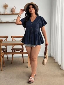 Enliva 大尺碼女款荷葉袖V領上衣，夏季女式襯衫，適合曲線身材、蘋果型與圓形身型，度假穿搭，夏季必備 - 藏蓝色 - 查看 7