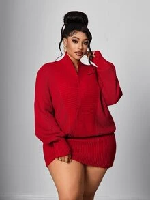 Maweii Plus Size Women's Bodycon Loose Slimming Deep V-Neck Knit Dress, Suitable For Autumn/Winter Innerwear And Outerwear - Red - View 4