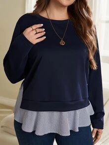 Rosumi Plus Size Women's Striped Faux Two-Piece Patchwork Casual Versatile Daily Wear Sweatshirt Winter Clothes Winter Clothes Fall Winter 2026 - Multicolor - View 2